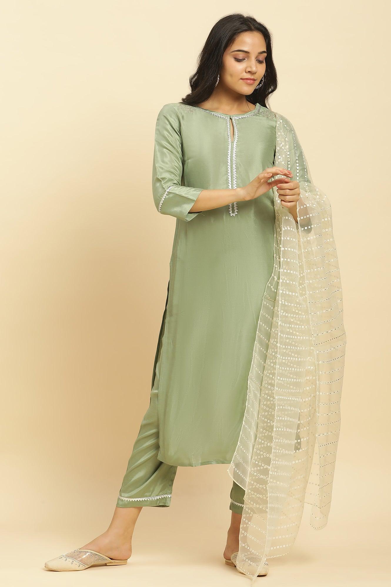 Green Embellished Shantung Kurta, Pants And Dupatta Set - wforwoman