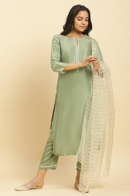 Green Embellished Shantung Kurta, Pants And Dupatta Set - wforwoman