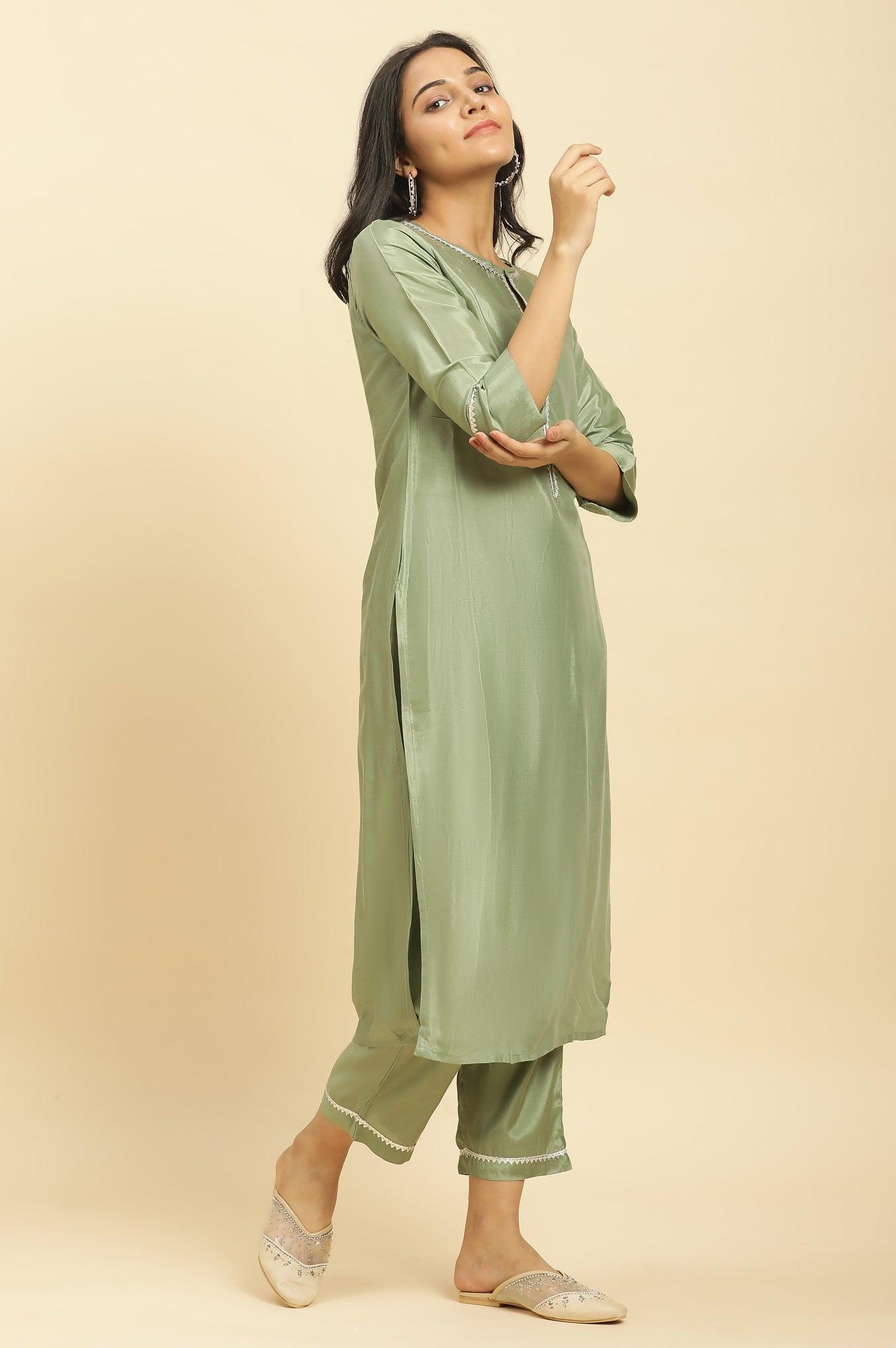 Green Embellished Shantung Kurta, Pants And Dupatta Set - wforwoman