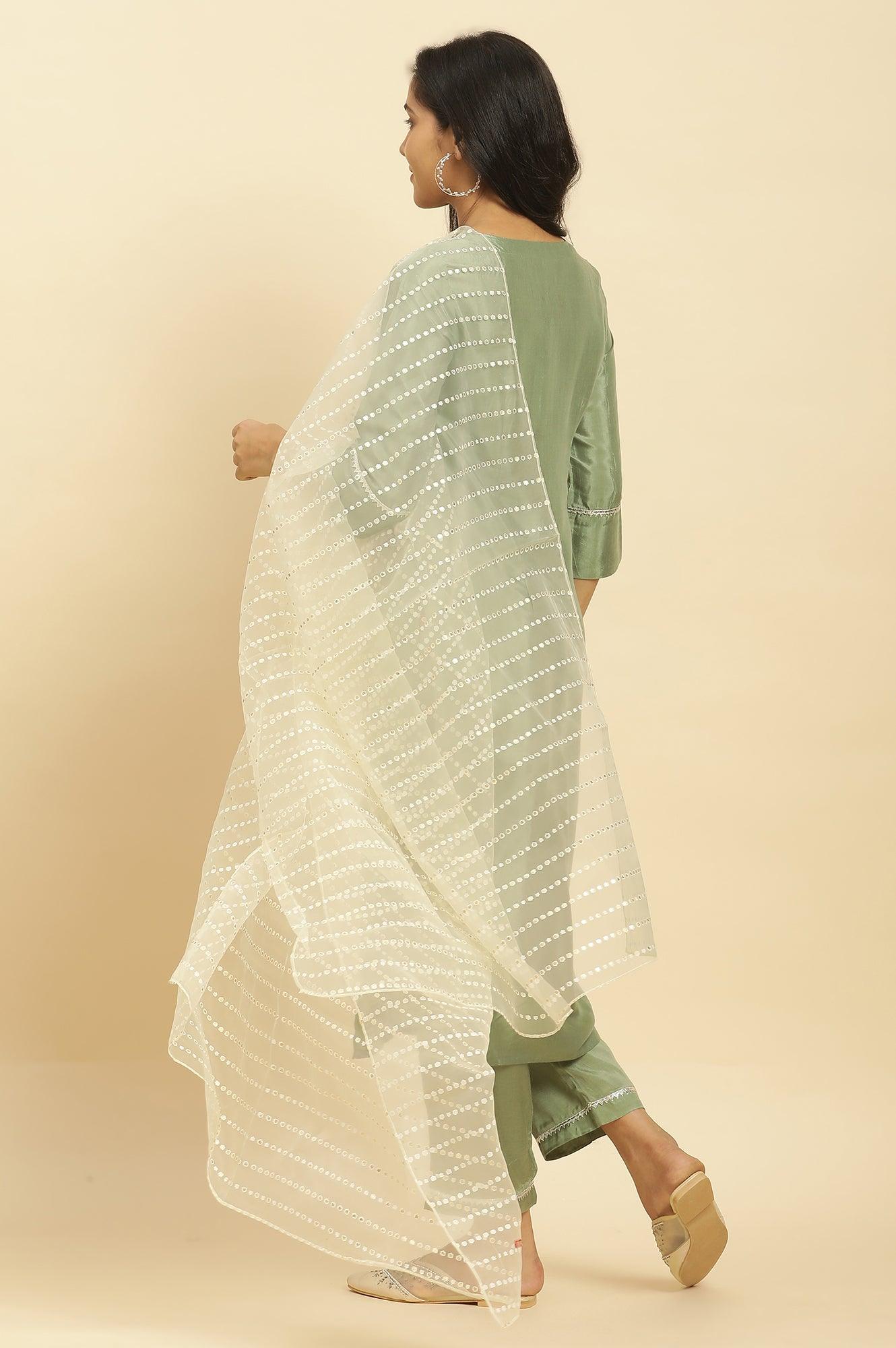 Green Embellished Shantung Kurta, Pants And Dupatta Set - wforwoman