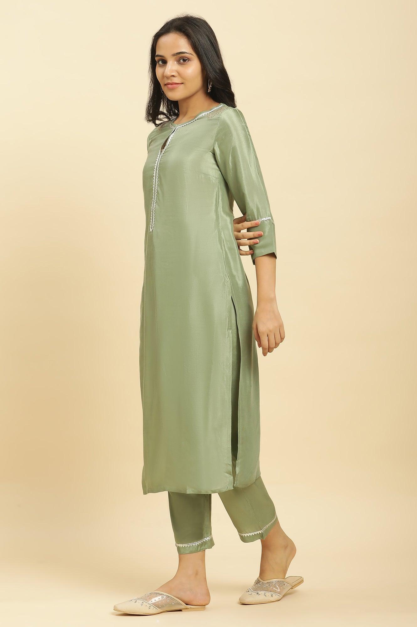 Green Embellished Shantung Kurta, Pants And Dupatta Set - wforwoman