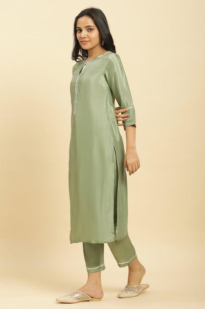 Green Embellished Shantung Kurta, Pants And Dupatta Set - wforwoman