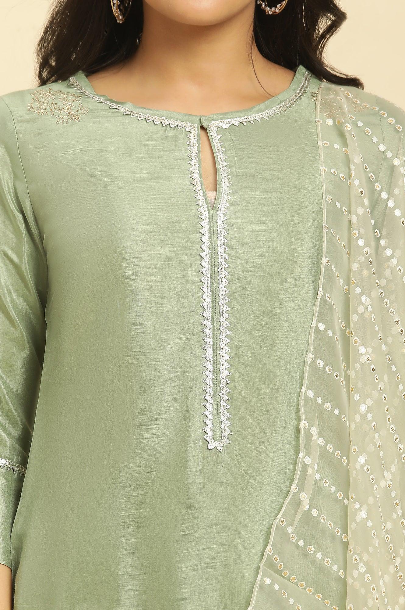 Green Embellished Shantung Kurta, Pants And Dupatta Set - wforwoman