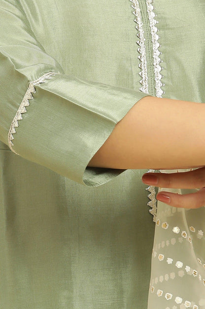 Green Embellished Shantung Kurta, Pants And Dupatta Set - wforwoman