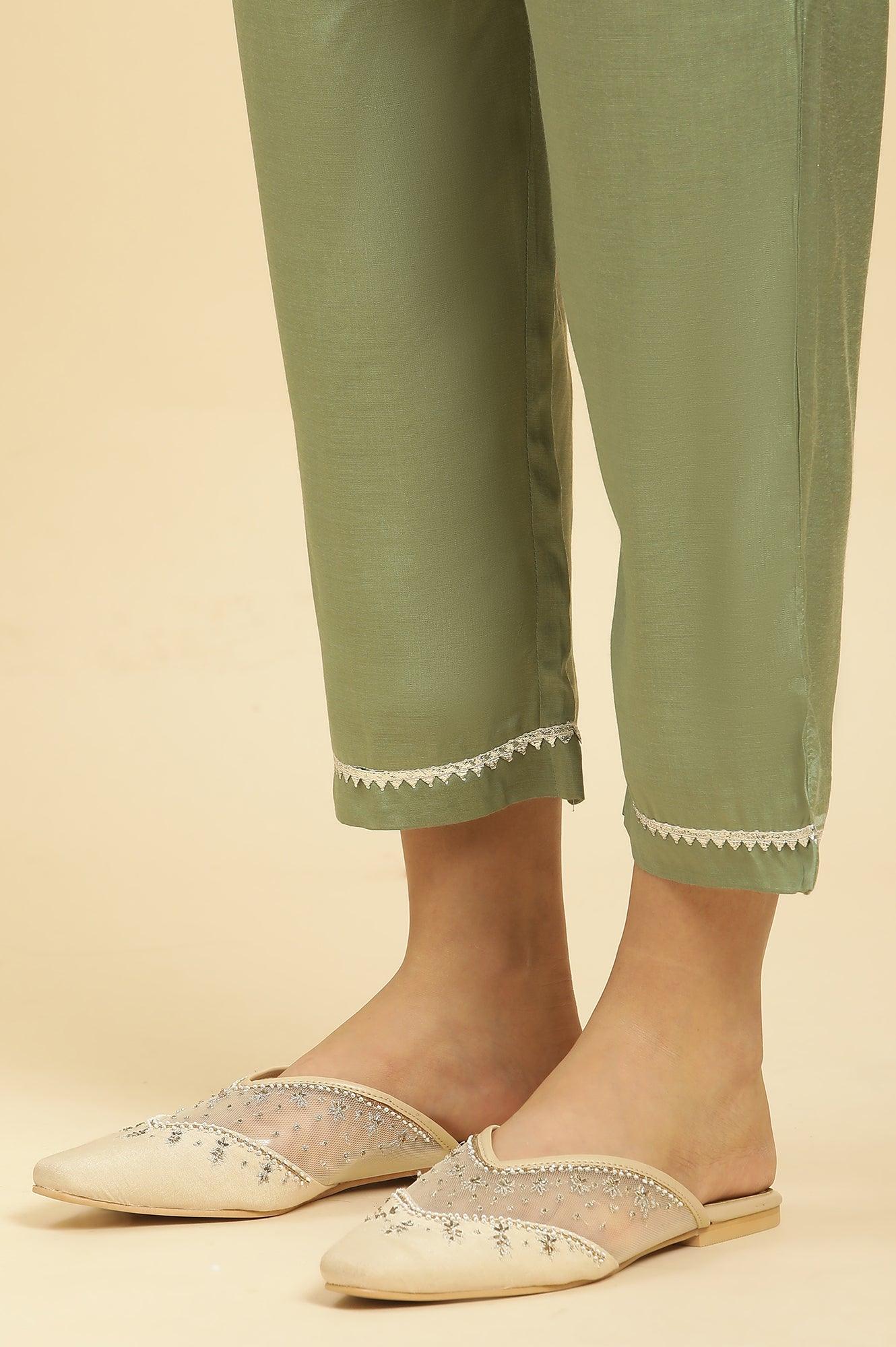 Green Embellished Shantung Kurta, Pants And Dupatta Set - wforwoman
