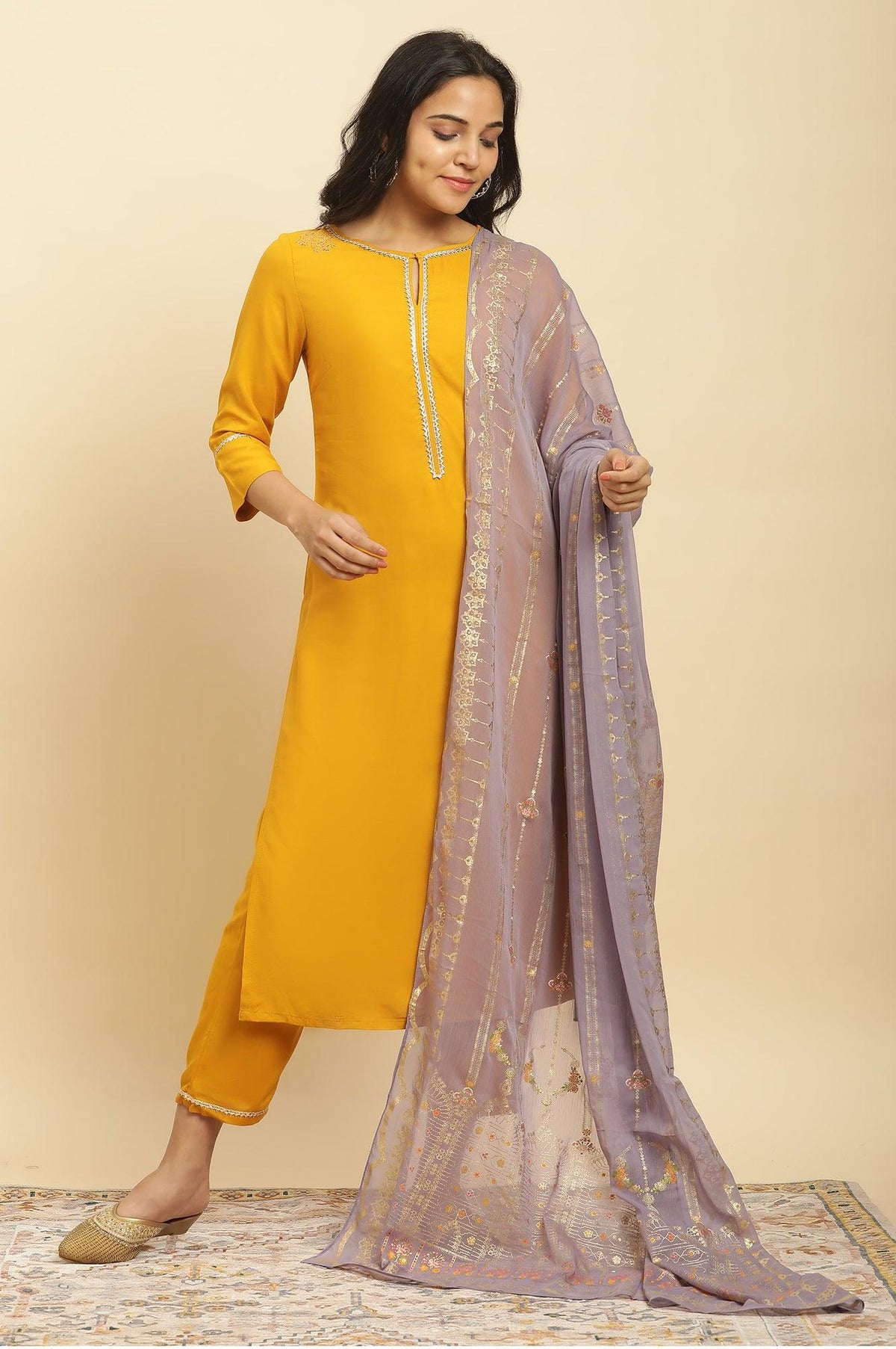 Yellow Embellished Shantung Kurta, Pants And Dupatta Set - XS