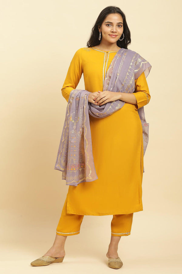 Yellow Embellished Shantung Kurta, Pants And Dupatta Set