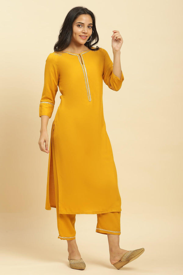 Yellow Embellished Shantung Kurta, Pants And Dupatta Set