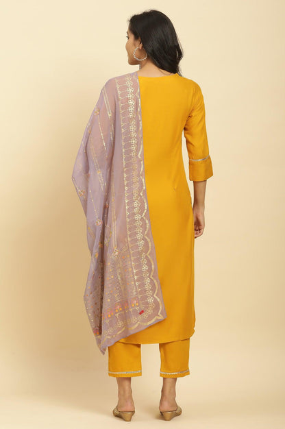 Yellow Embellished Shantung Kurta, Pants And Dupatta Set - wforwoman