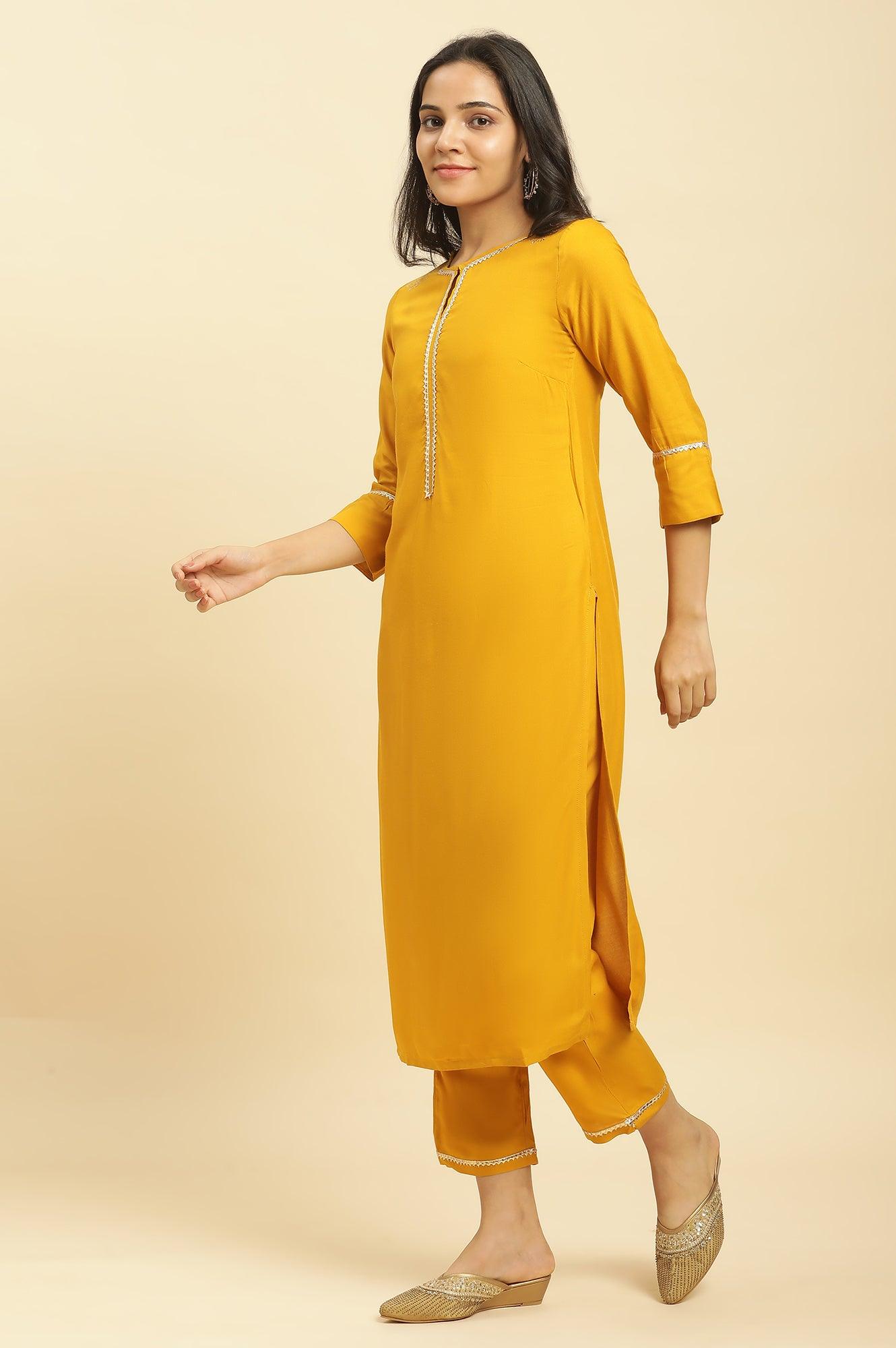 Yellow Embellished Shantung Kurta, Pants And Dupatta Set - wforwoman