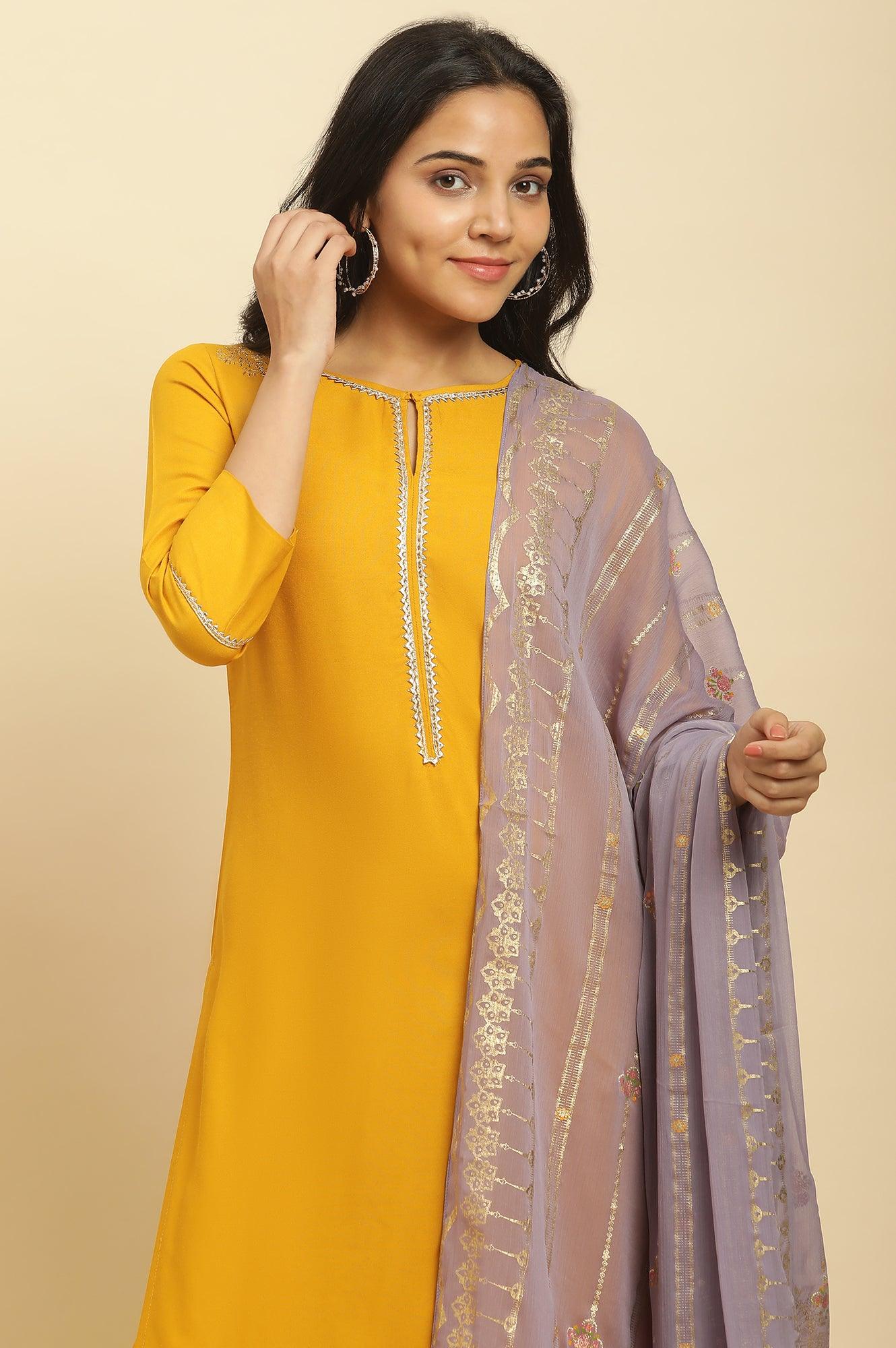 Yellow Embellished Shantung Kurta, Pants And Dupatta Set - wforwoman
