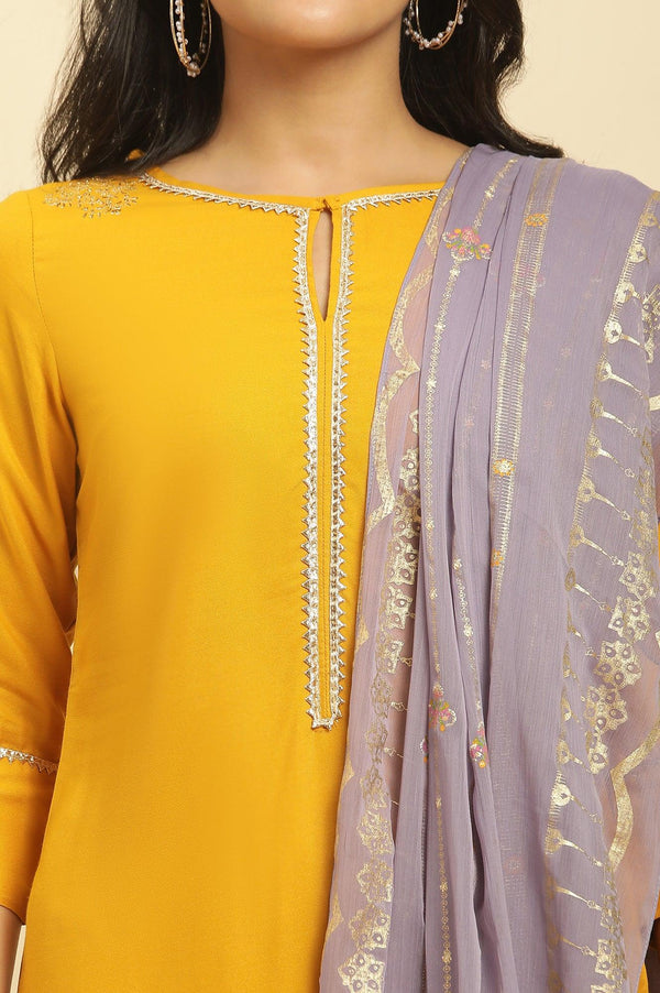 Yellow Embellished Shantung Kurta, Pants And Dupatta Set