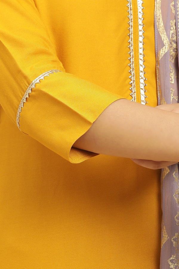 Yellow Embellished Shantung Kurta, Pants And Dupatta Set