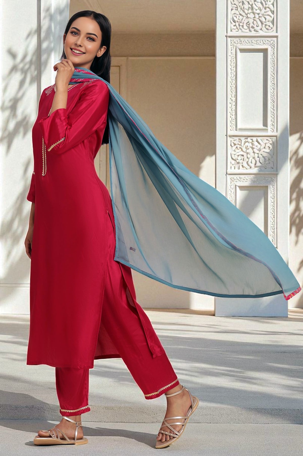 Pink Shantung Kurta, Pants And Dupatta Set - XS