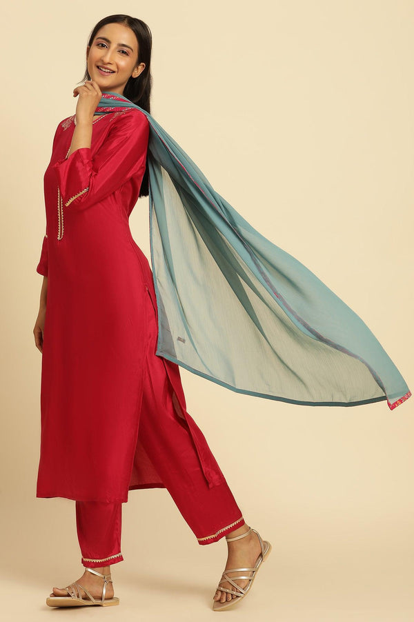 Pink Shantung Kurta, Pants And Dupatta Set