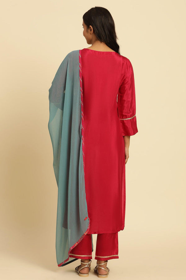 Pink Shantung Kurta, Pants And Dupatta Set