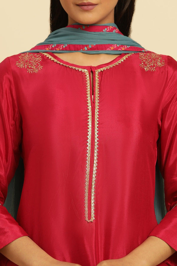 Pink Shantung Kurta, Pants And Dupatta Set