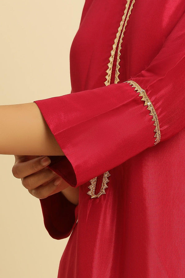 Pink Shantung Kurta, Pants And Dupatta Set