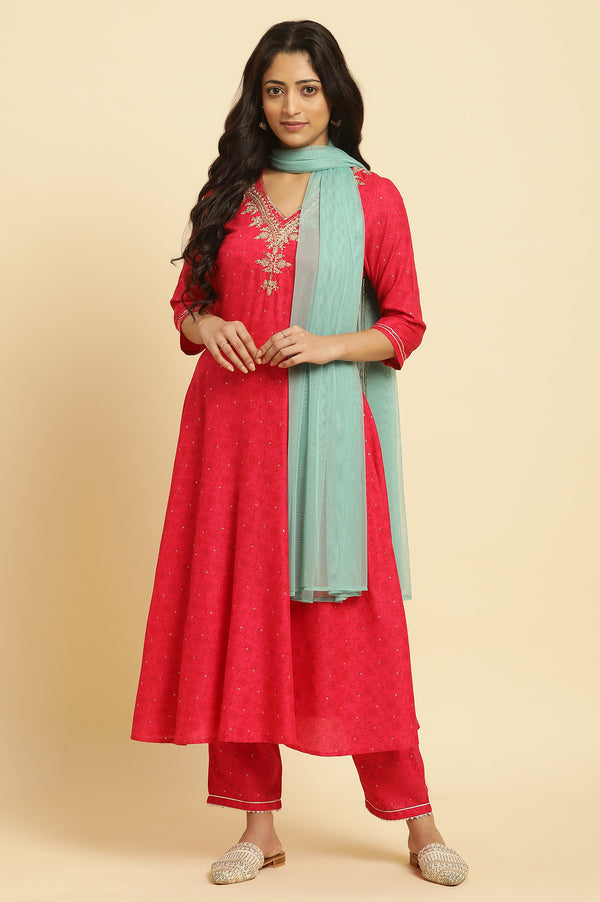 Pink Metallic Embroidered A-Line Kurta, Pants And Dupatta Set
