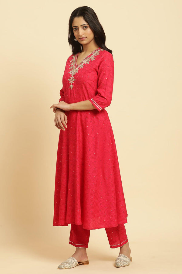 Pink Metallic Embroidered A-Line Kurta, Pants And Dupatta Set