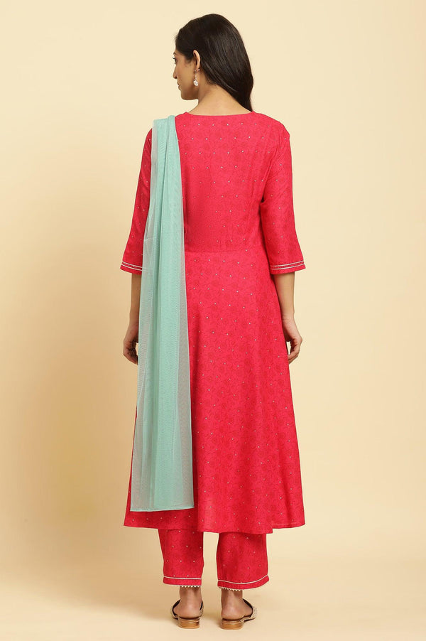 Pink Metallic Embroidered A-Line Kurta, Pants And Dupatta Set