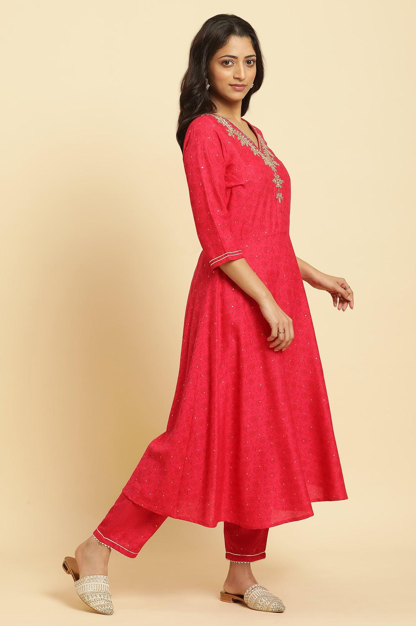 Pink Metallic Embroidered A-Line Kurta, Pants And Dupatta Set - wforwoman