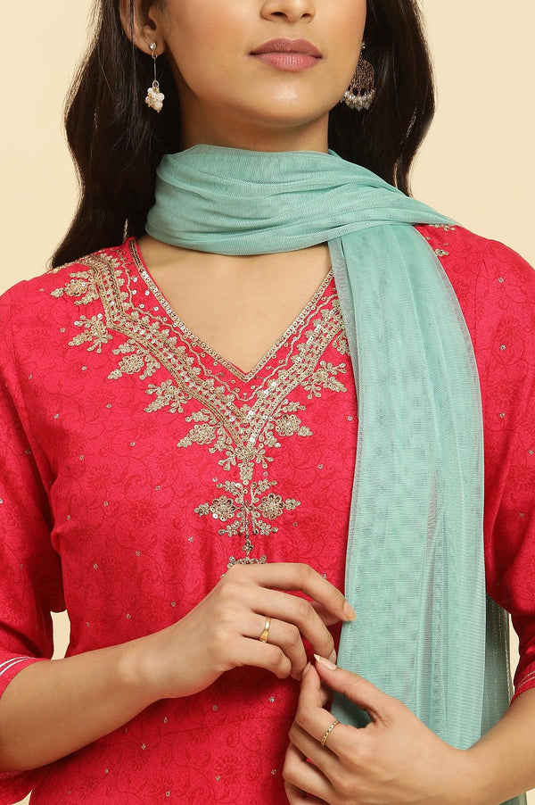 Pink Metallic Embroidered A-Line Kurta, Pants And Dupatta Set