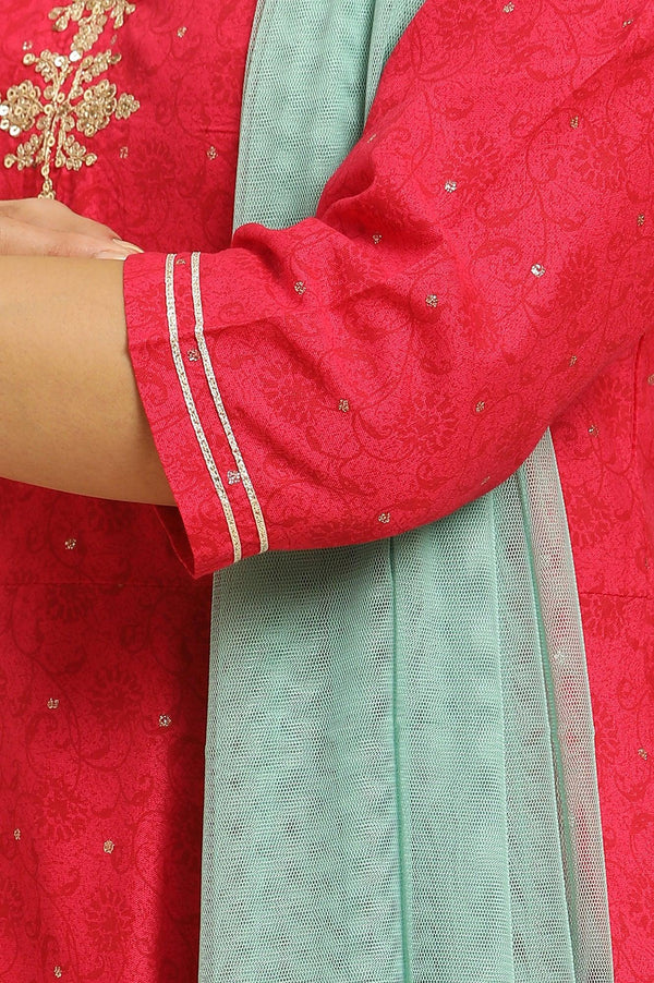 Pink Metallic Embroidered A-Line Kurta, Pants And Dupatta Set