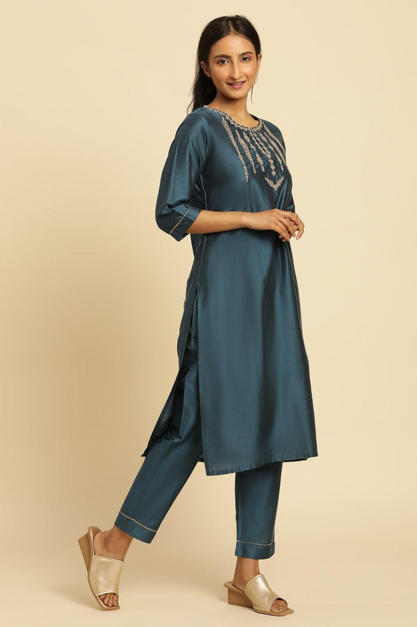Blue Embroidered Shantung Kurta, Pants And Dupatta Set