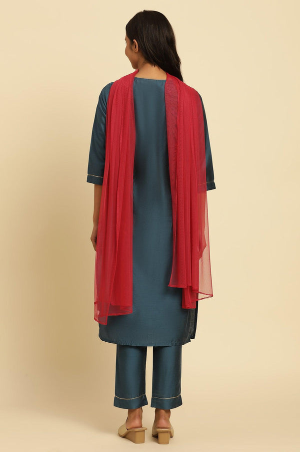 Blue Embroidered Shantung Kurta, Pants And Dupatta Set