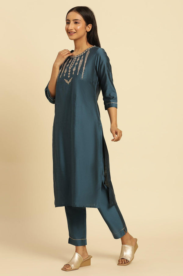 Blue Embroidered Shantung Kurta, Pants And Dupatta Set