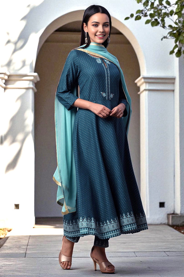 Teal Green Embellished Flared Kurta, Pants And Dupatta Set