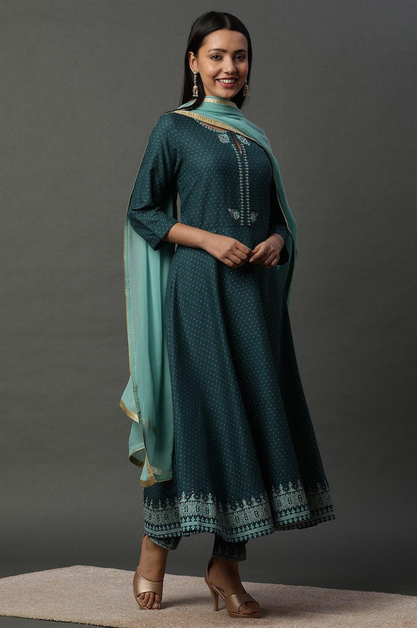 Teal Green Embellished Flared Kurta, Pants And Dupatta Set