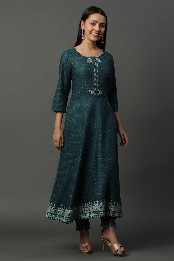 Teal Green Embellished Flared Kurta, Pants And Dupatta Set