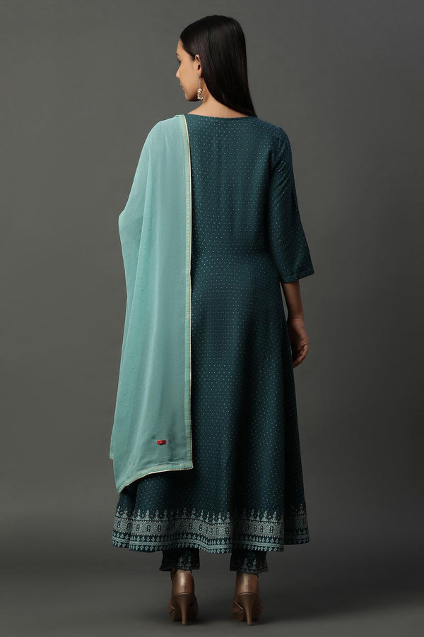 Teal Green Embellished Flared Kurta, Pants And Dupatta Set