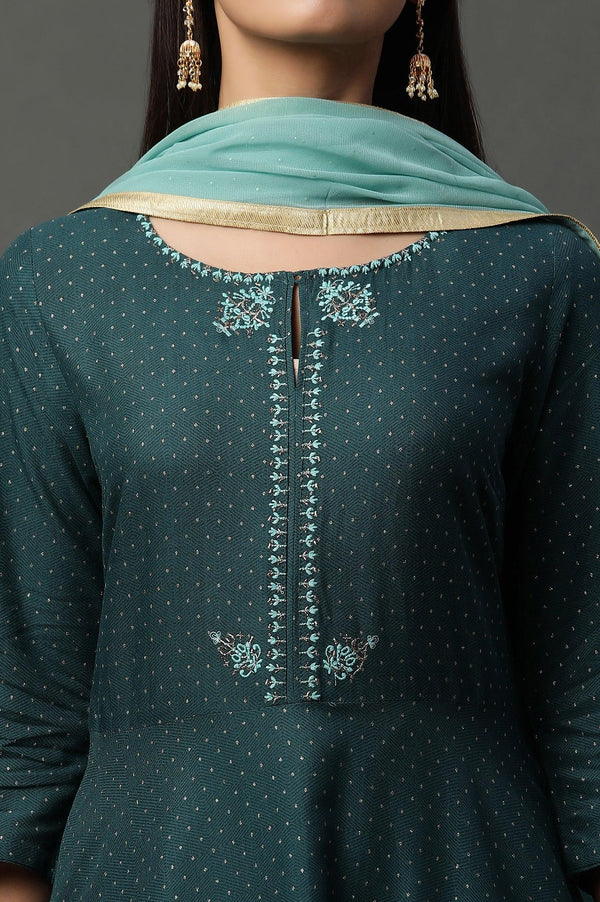 Teal Green Embellished Flared Kurta, Pants And Dupatta Set