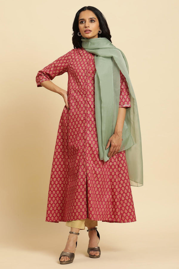 Maroon Flared Festive Kurta, Pants And Organza Dupatta Set