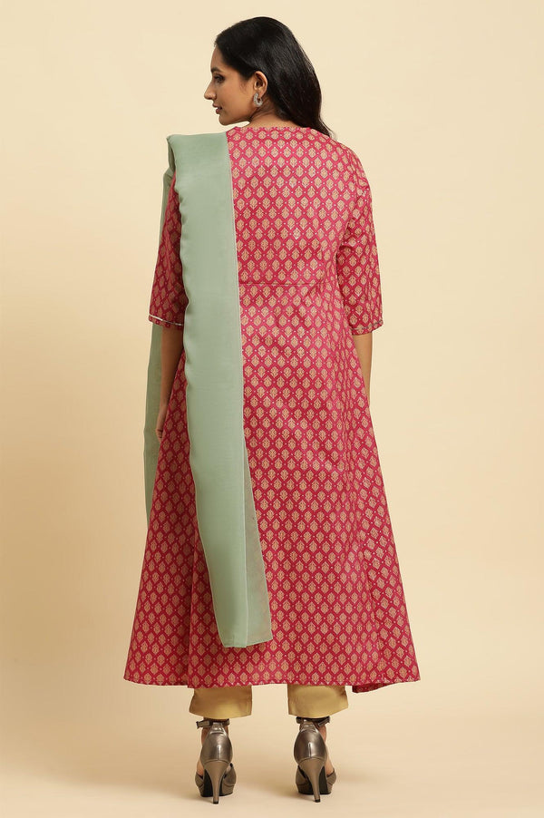 Maroon Flared Festive Kurta, Pants And Organza Dupatta Set