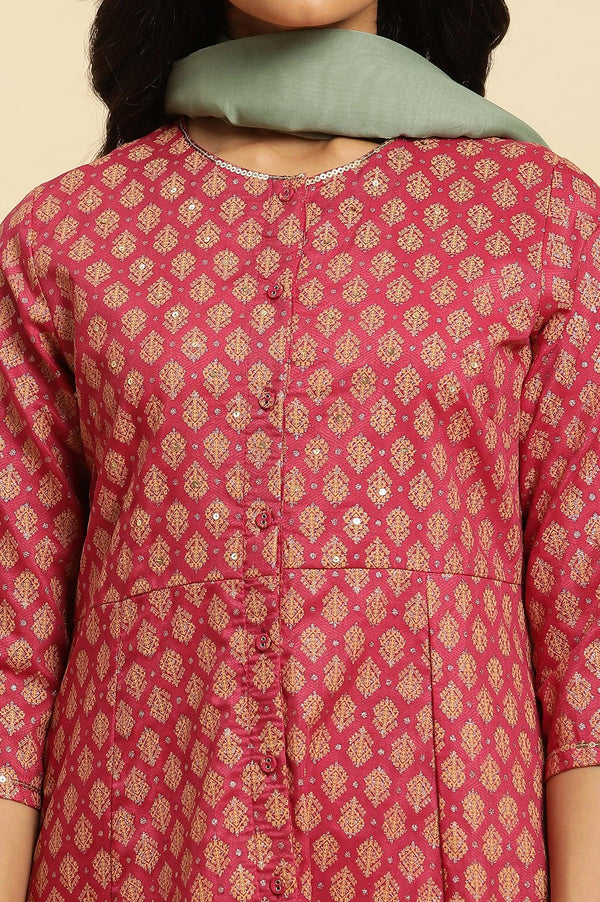 Maroon Flared Festive Kurta, Pants And Organza Dupatta Set