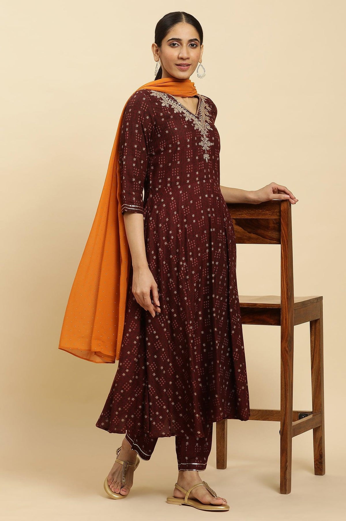Brown Embroidered Flared Kurta, Pants And Dupatta Set - XS