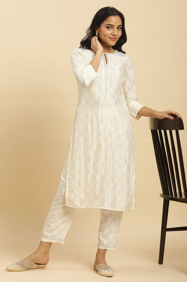 White Floral Glitter Printed Shantung Kurta And Pants Set