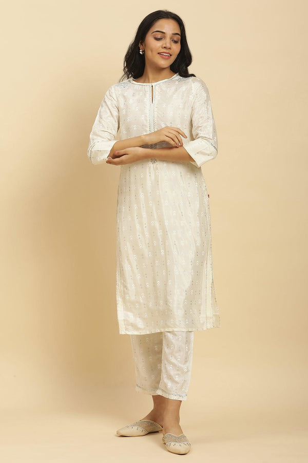 White Floral Glitter Printed Shantung Kurta And Pants Set