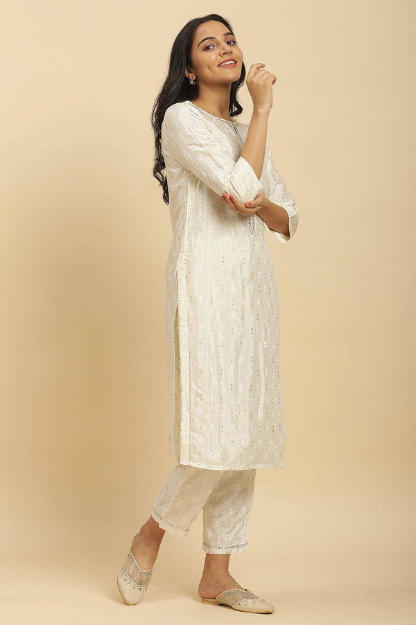 White Floral Glitter Printed Shantung Kurta And Pants Set