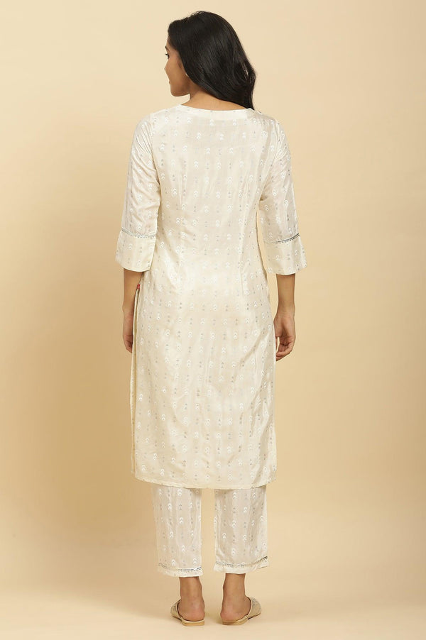 White Floral Glitter Printed Shantung Kurta And Pants Set