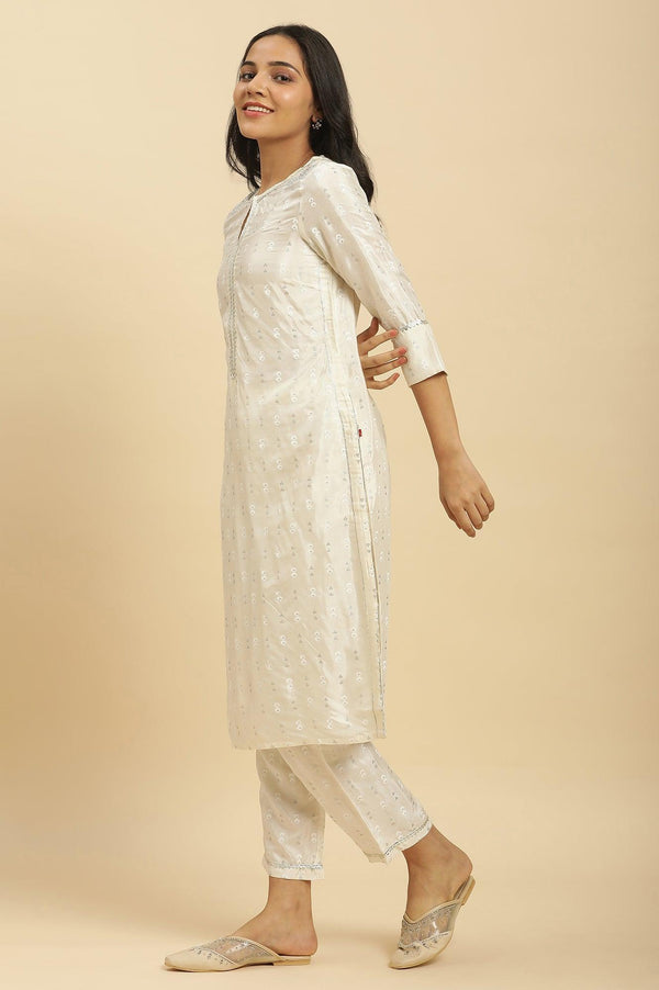 White Floral Glitter Printed Shantung Kurta And Pants Set