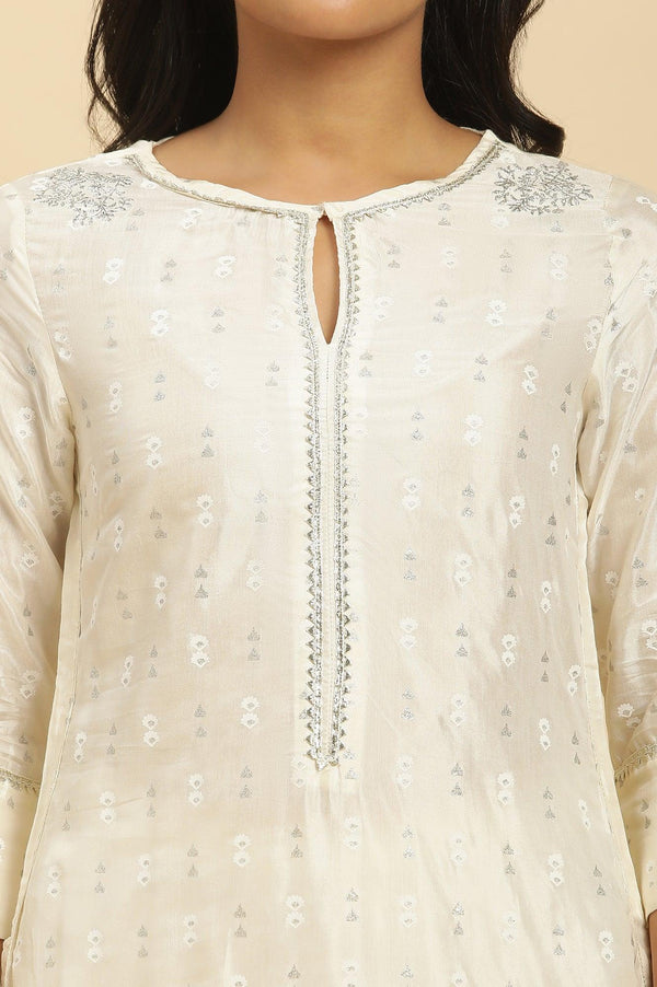 White Floral Glitter Printed Shantung Kurta And Pants Set