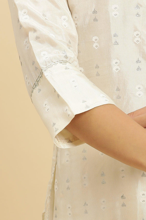 White Floral Glitter Printed Shantung Kurta And Pants Set
