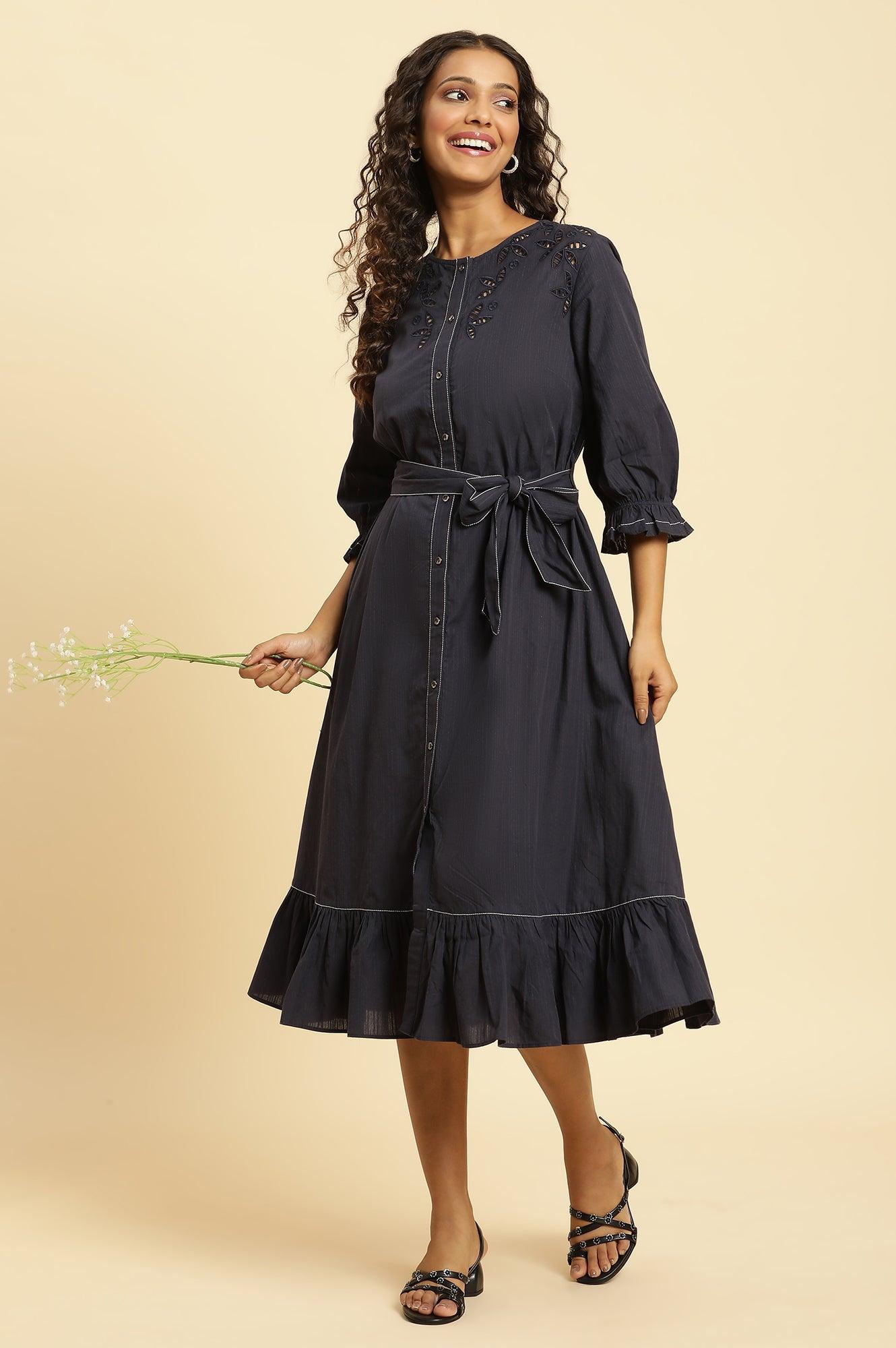 Blue Cut Work Embroidered Dress - wforwoman