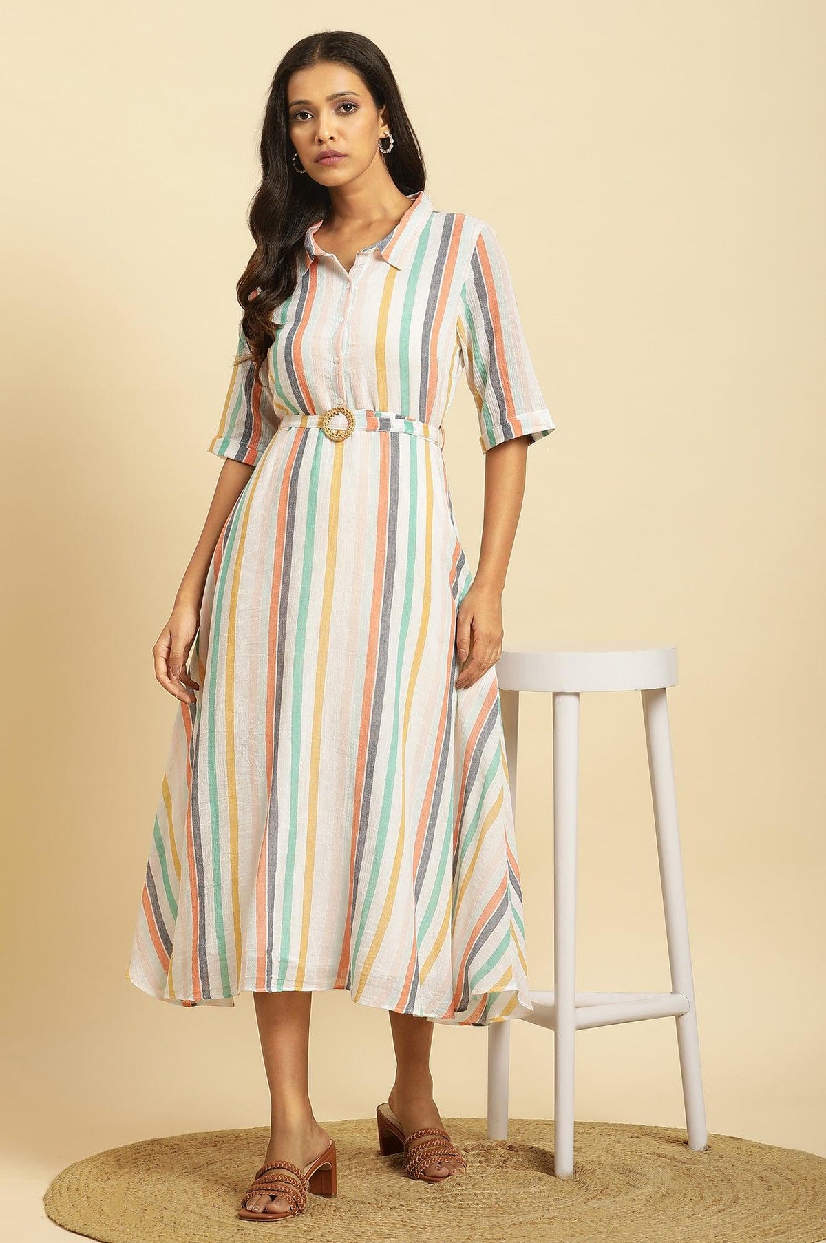 Ecru Flared Dress With Belt In Multi-Coloured Stripe Print - XS