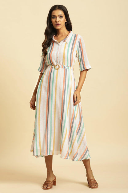 Ecru Flared Dress With Belt In Multi-Coloured Stripe Print - wforwoman